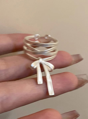 银色蝴蝶结甜美戒指女开口