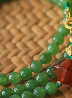 带编绳设计款项链国风苹果绿碧玉