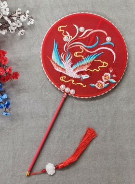 红色刺绣团扇古风长柄扇牡丹花蜻蜓团扇舞蹈婚扇宫扇古典扇圆扇