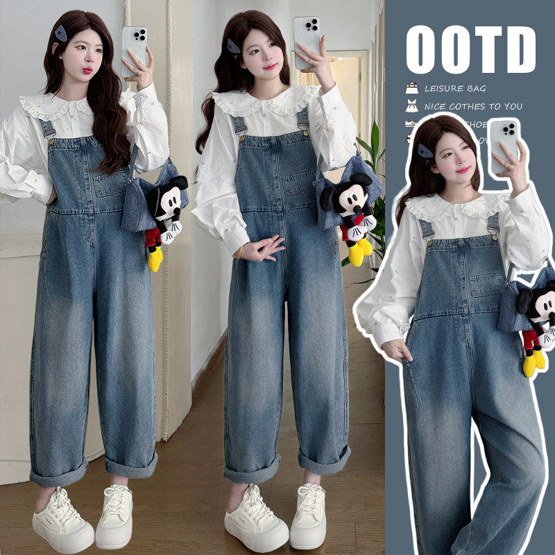 孕妇装套装2026新款春季孕期穿搭娃娃领衬衣牛仔工装背带裤两件套,淘宝优惠券,粉丝福利购,淘宝优惠卷