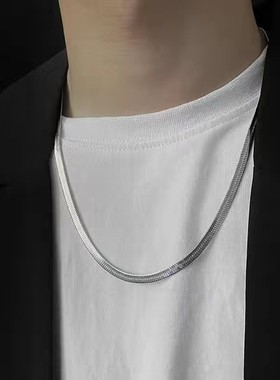 定制刻字纯银项链男潮流帅气短款S925不褪色白金色刀片锁骨时尚链
