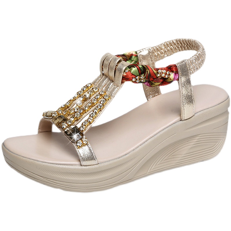 头层牛皮厚底百搭真皮坡跟凉鞋女2024年夏季松糕底水钻高跟时装鞋 - 图3