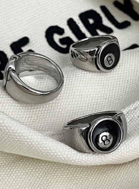 钛钢复古欧美风黑8球子戒指