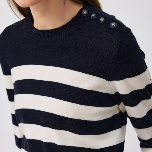 【100%绵羊毛】PRICH时尚黑白条纹针织衫冬季休闲毛衣女 - 图2