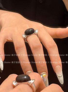 欧美椭圆大颗黑胆石开口戒指
