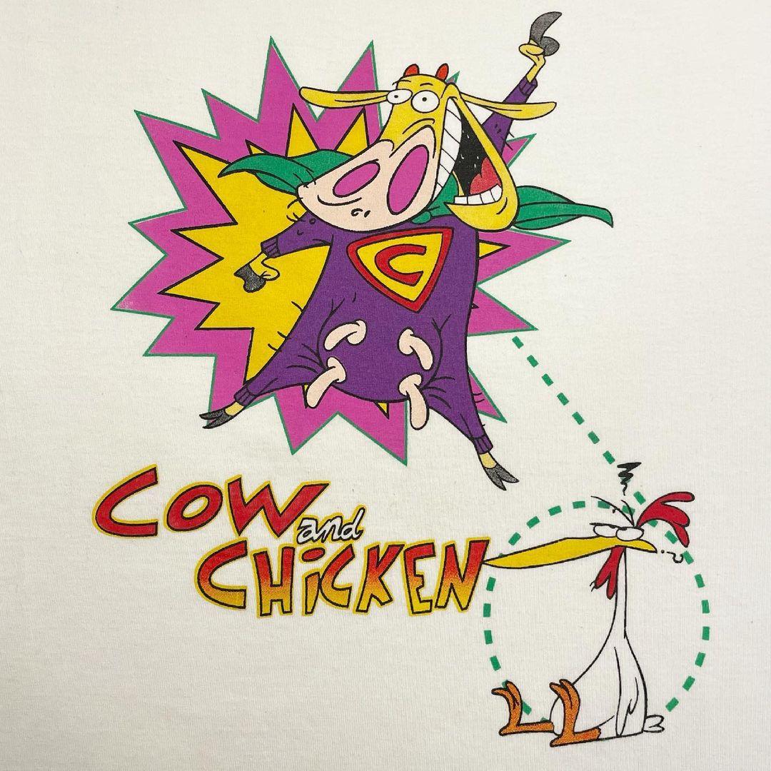 Cow And Chicken鸡与牛卡通动漫周边潮流落肩男女情侣宽松短袖T恤 - 图1