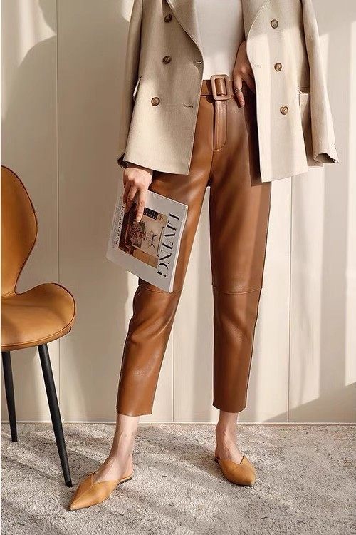 2025春季新款韩版绵羊皮皮裤真皮皮裤女高腰显瘦九分烟管小脚裤潮,淘宝优惠券,粉丝福利购,淘宝优惠卷