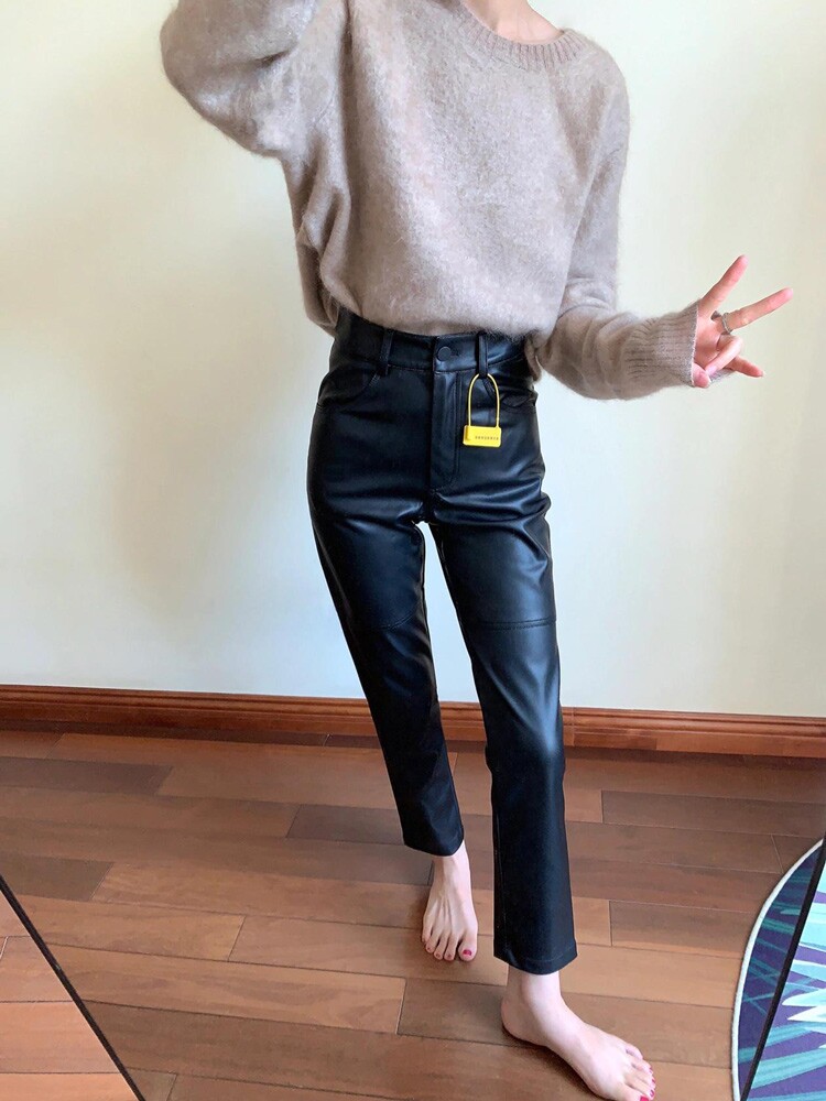 2025春季新款绵羊皮皮裤真皮皮裤女窄版阔腿裤复古高腰松垂九分裤