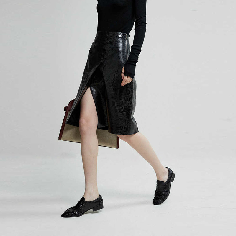 ins新款绵羊皮皮裙真皮皮裙鳄鱼纹细腻高腰显瘦气质H型半身裙短裙