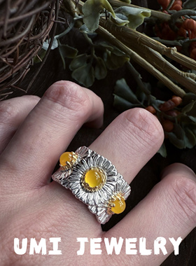 UMI家·轻珠宝/S925银镀k金·布切拉提雏菊蓝玛瑙戒指复古设计