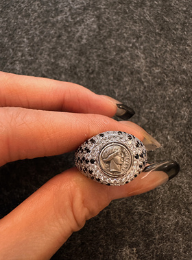 UMI家·轻珠宝/S925银镀金·哑银好运女神古币戒指黑尖晶小众高级