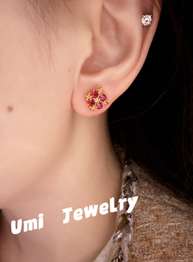 UMI家·轻珠宝/S925银镀k金复古宫廷红宝鸢尾花戒指耳钉精致高级