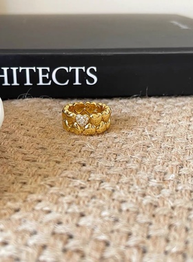 UMI家· Vintage轻珠宝S925银镀18k金镶钻双层叠拼爱心镶钻戒指