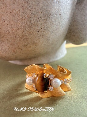 UMI【如愿】S925银镀k金褶皱裙天然护眼拉丝戒指复古高级vintage