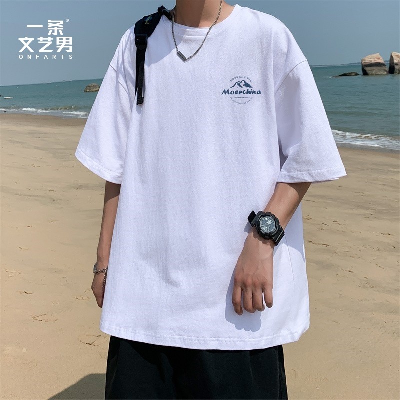 白色t恤男夏季新款韩版潮流ins港风印花宽松休闲oversize百搭短袖_虎窝淘