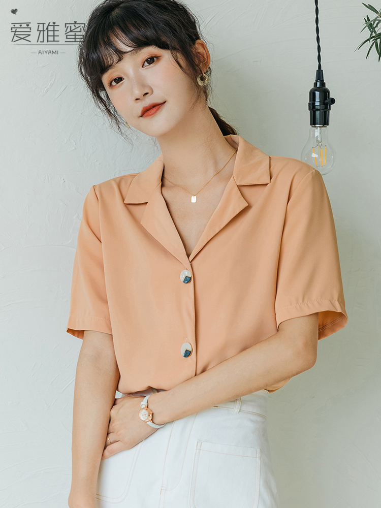 爱雅蜜旗舰店设计感小众西装领短袖白色衬衫女夏法式宽松职业面试衬衣雪纺上衣2