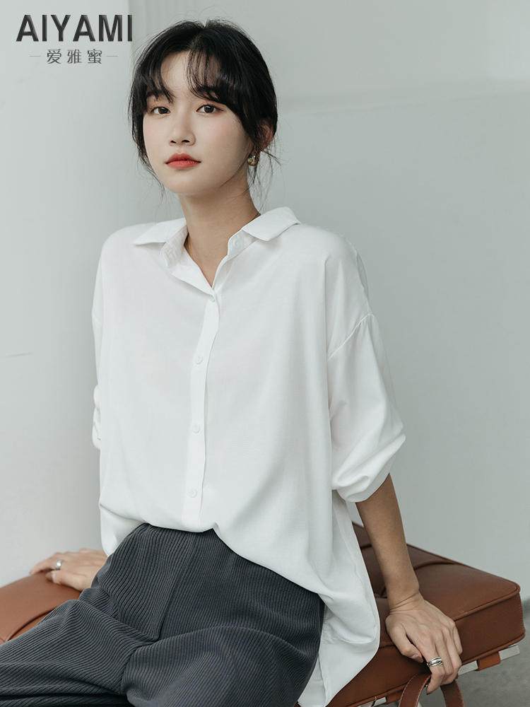 爱雅蜜旗舰店秋季新款雪纺白衬衫女长袖宽松职业装衬衣设计感小众洋气上衣0