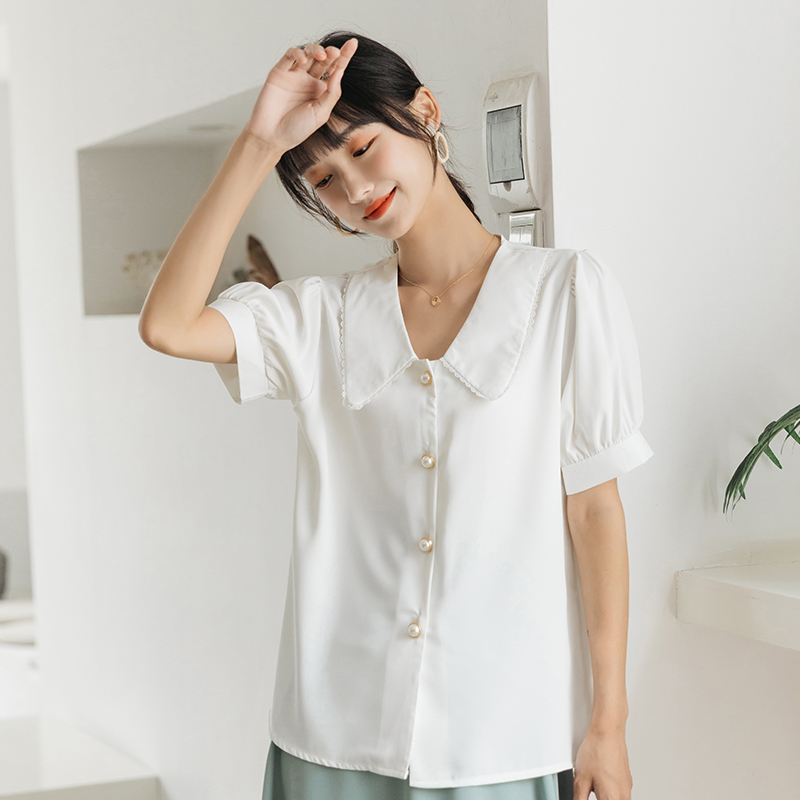 爱雅蜜旗舰店娃娃领雪纺白衬衫女短袖宽松夏季韩国新款双层不透职业ol上衣3