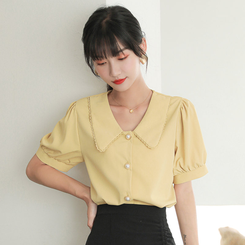 爱雅蜜旗舰店娃娃领雪纺白衬衫女短袖宽松夏季韩国新款双层不透职业ol上衣2