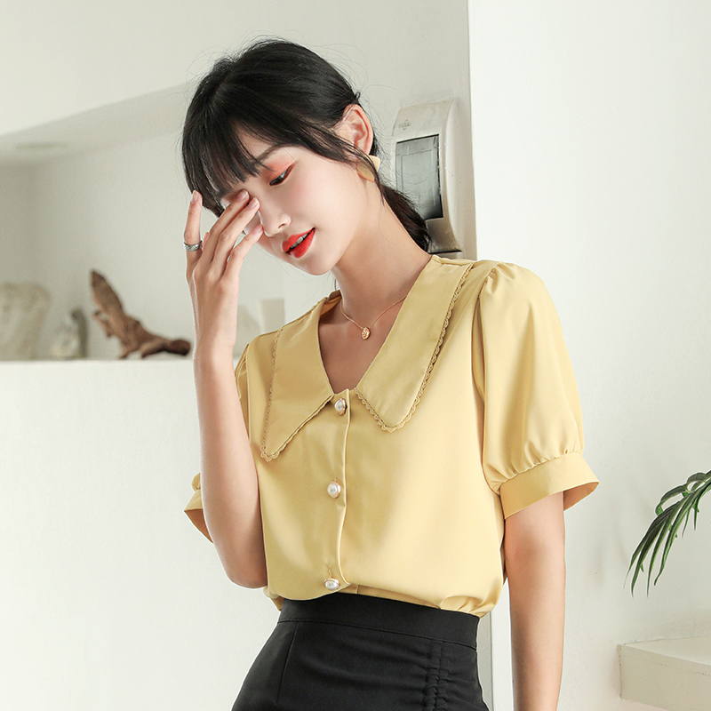 爱雅蜜旗舰店娃娃领雪纺白衬衫女短袖宽松夏季韩国新款双层不透职业ol上衣0