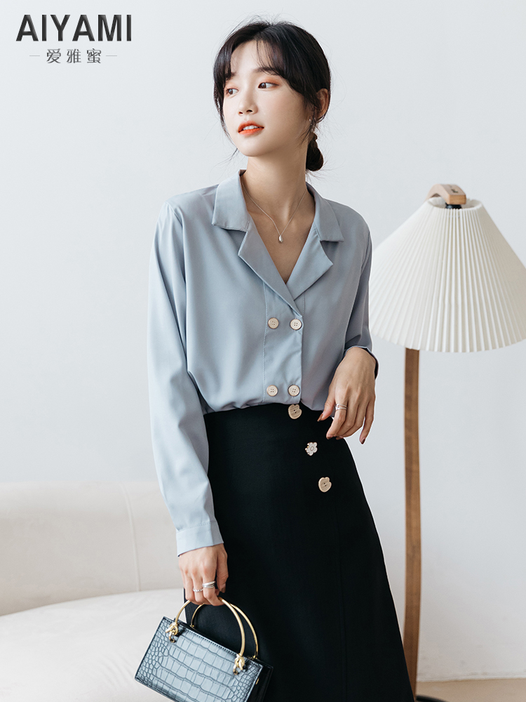 爱雅蜜旗舰店很仙的V领雪纺上衣女遮肚子显瘦洋气白色衬衫女秋长袖设计感超仙2