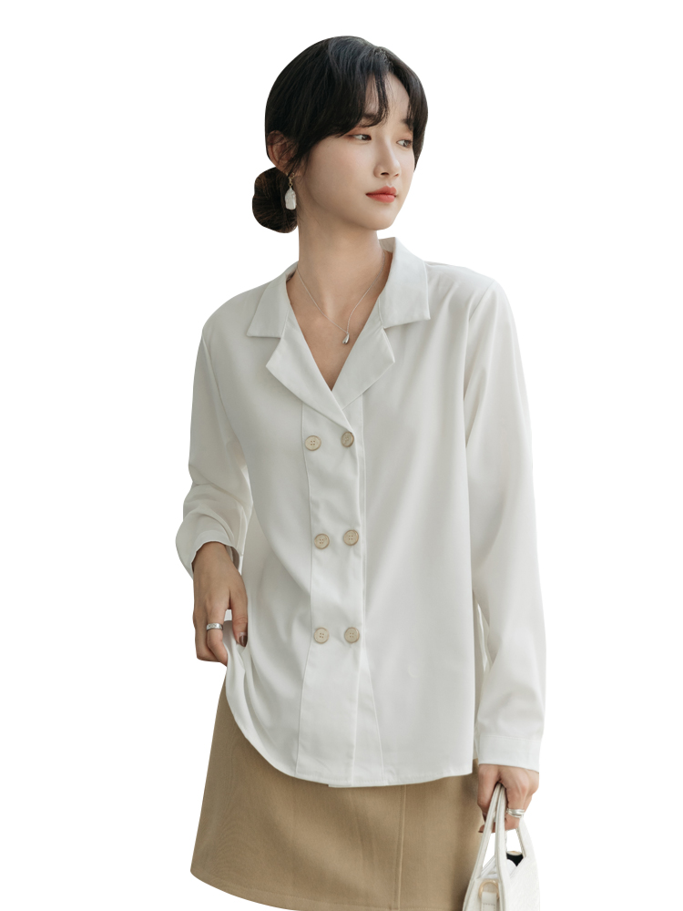 爱雅蜜旗舰店很仙的V领雪纺上衣女遮肚子显瘦洋气白色衬衫女秋长袖设计感超仙3