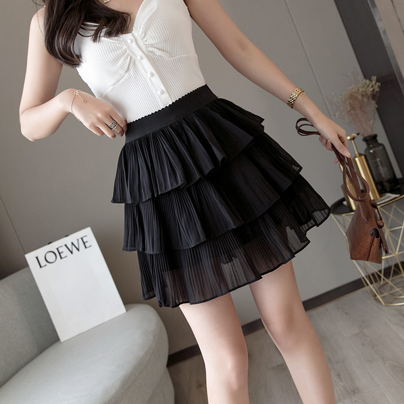 爱雅蜜旗舰店新款春季韩版百褶荷叶边雪纺半身裙A字高腰层层蛋糕短裙裤女2