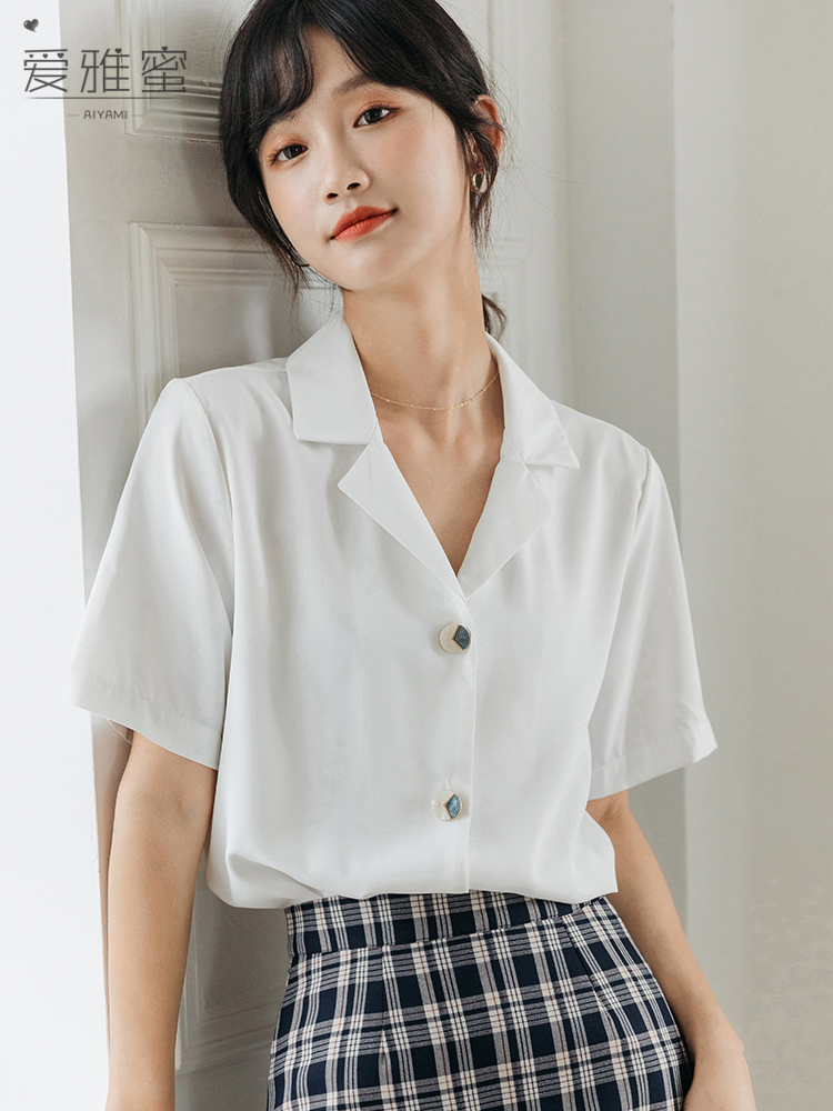 爱雅蜜旗舰店设计感小众西装领短袖白色衬衫女夏法式宽松职业面试衬衣雪纺上衣1