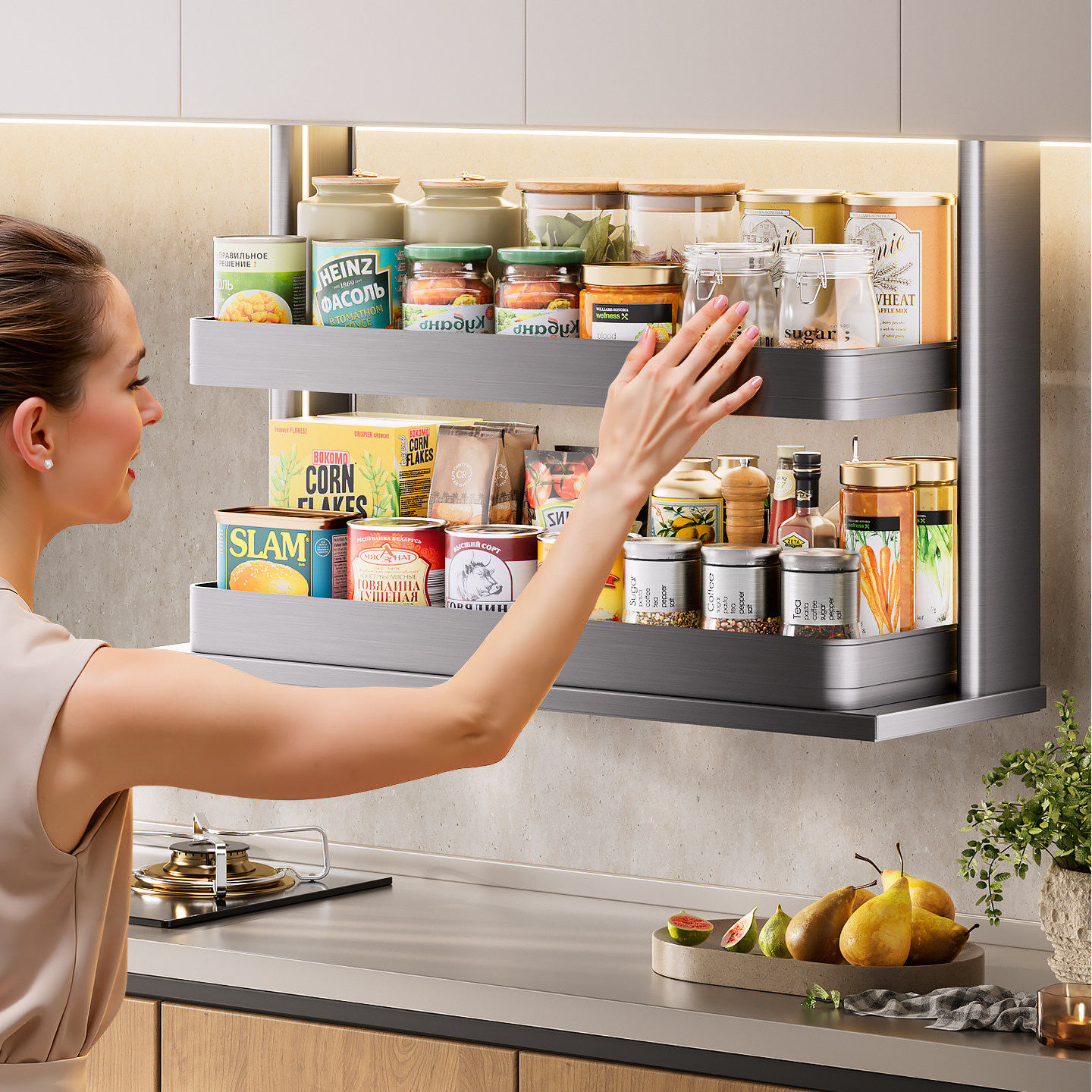 厨房智能电动升降拉篮调味篮语音触摸控制垂直升降吊柜下拉式拉篮,淘宝优惠券,粉丝福利购,淘宝优惠卷