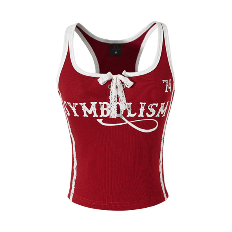 DoubleD美式复古辣妹风红色运动吊带背心女蕾丝拼接修身显瘦短款,淘宝优惠券,粉丝福利购,淘宝优惠卷