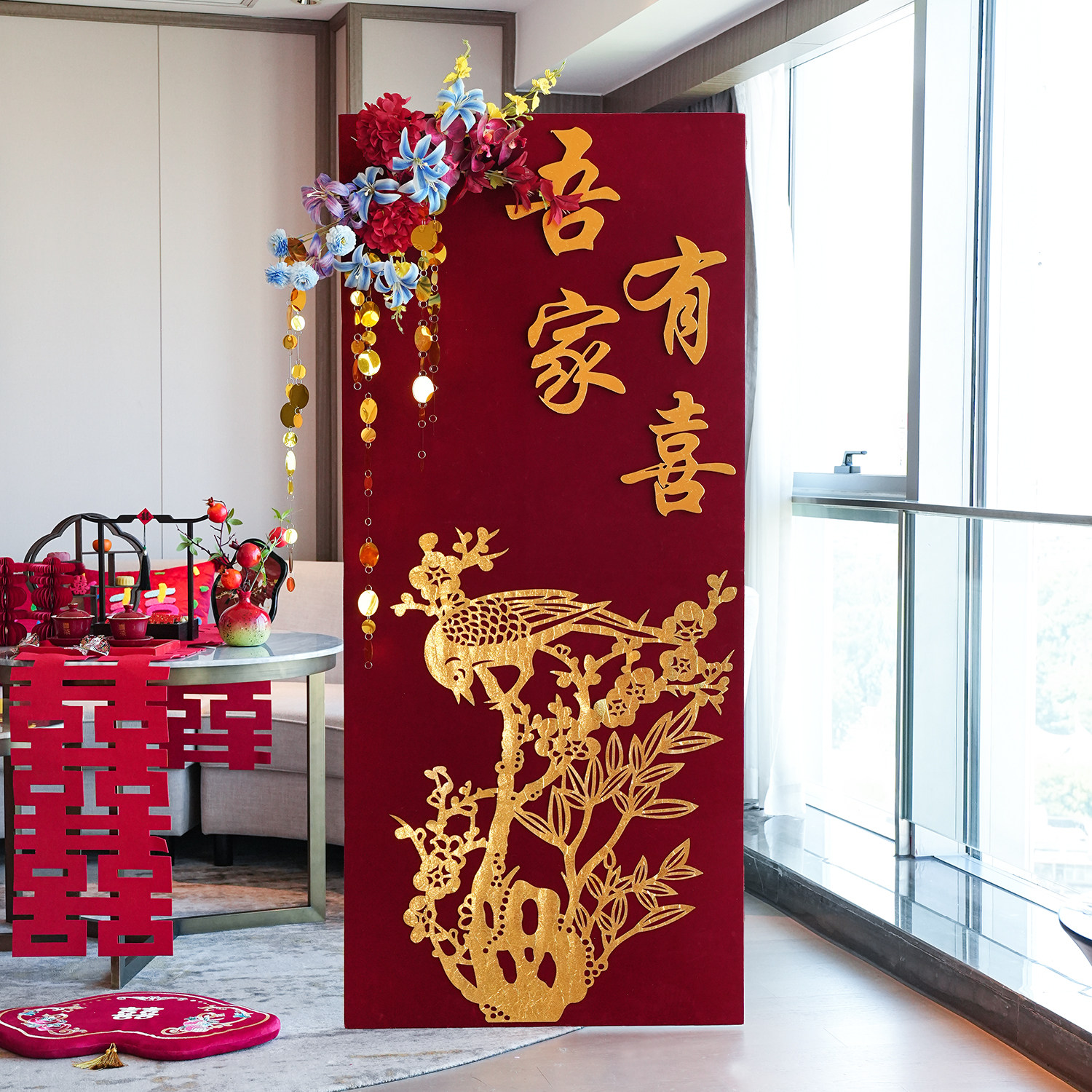 结婚装饰婚房布置婚礼迎宾牌酒店新房客厅红色创意喜庆拍照背景墙,淘宝优惠券,粉丝福利购,淘宝优惠卷