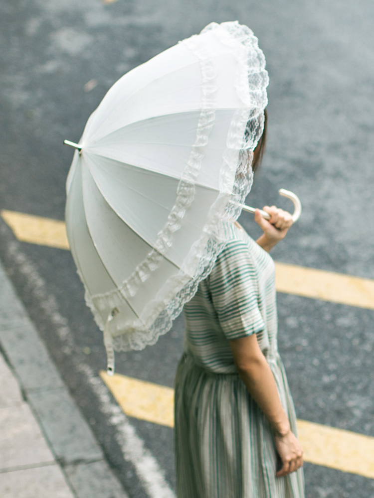 沛欣洋伞白色公主风晴雨伞双层蕾丝长柄太阳伞弯柄摄影遮阳伞女士-图1