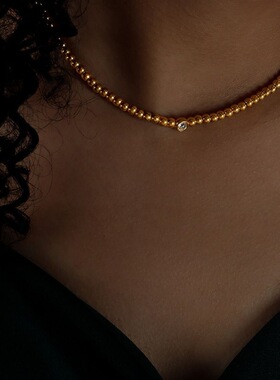 不掉色~小众高级感水晶串珠项链爆闪圆珠颈链轻奢复古锁骨链配饰