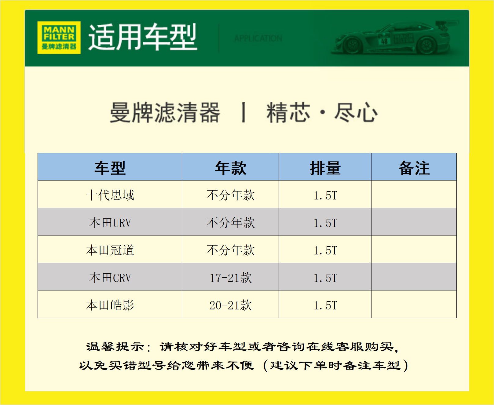 曼牌油性空气滤芯适配十代十一代思域新款CRV冠道URV皓影型格1.5T