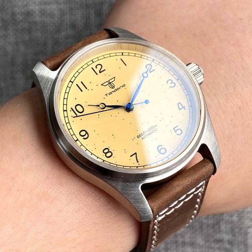 经典机械手表男士黄色表盘蓝宝石钢表壳NH35 PT5000 银针扣定制 - 图0