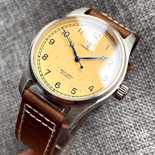 经典机械手表男士黄色表盘蓝宝石钢表壳NH35 PT5000 银针扣定制 - 图1
