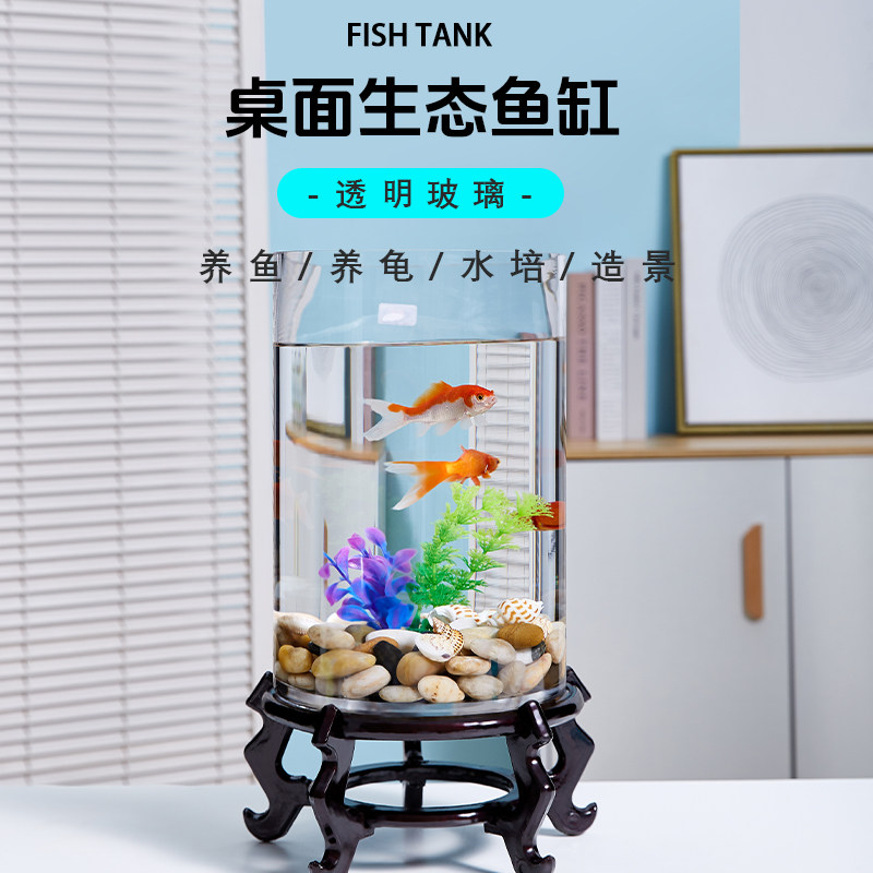 透明玻璃圆柱直筒鱼缸桌面生态小型金鱼缸造景水培养鱼养龟两用,淘宝优惠券,粉丝福利购,淘宝优惠卷