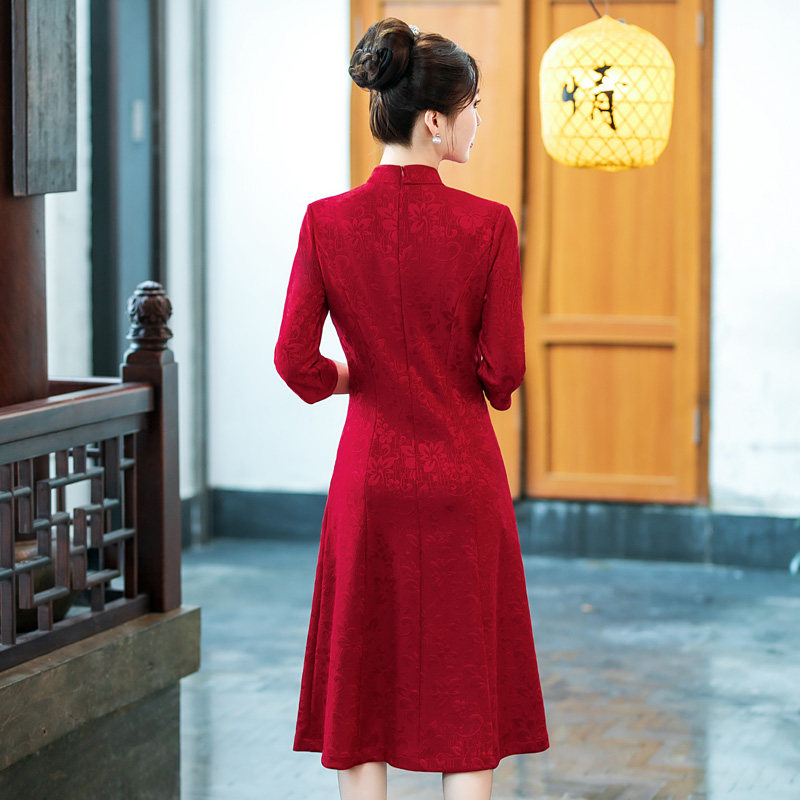 旗袍敬酒服喜婆婆婚宴装2024新款丈母娘结婚礼服妈妈长袖A摆提花