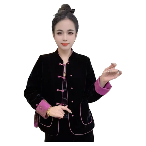 2025春秋新款时尚休闲百搭金丝绒复古盘扣唐装上衣女气质显瘦外套 - 图3