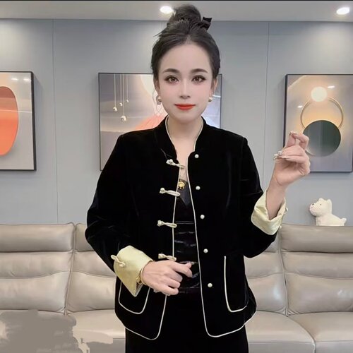 2025春秋新款时尚休闲百搭金丝绒复古盘扣唐装上衣女气质显瘦外套 - 图0