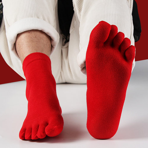 过年本命年五指袜大红男女秋冬分脚趾袜子结婚情侣纯棉中筒五趾袜 - 图3