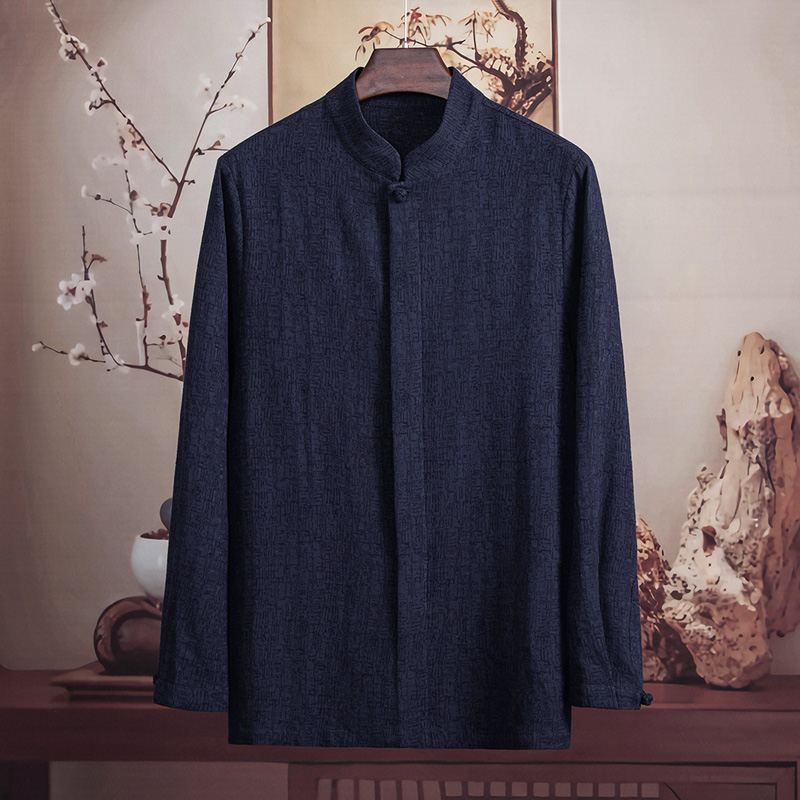 由天丨中国风棉麻男装长袖衬衫中式唐装立领男士亚麻衬衣春秋季 - 图1