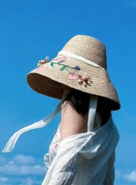 日本VVA拉菲草帽女手钩刺绣花朵沙滩帽海边度假防晒太阳帽渔夫帽