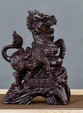 金匠大作黑檀麒麟木雕摆件瑞兽客厅家居雕刻开业礼品木质工艺品
