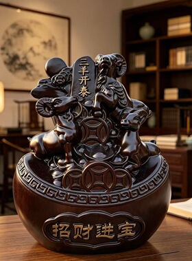 金匠大作新款黑檀木三羊开泰摆件实木雕刻三阳开泰生肖羊家居客厅