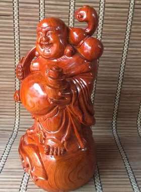 金匠大作花梨木布袋拿元宝如意佛摆件客厅实木大肚如意笑佛雕刻工
