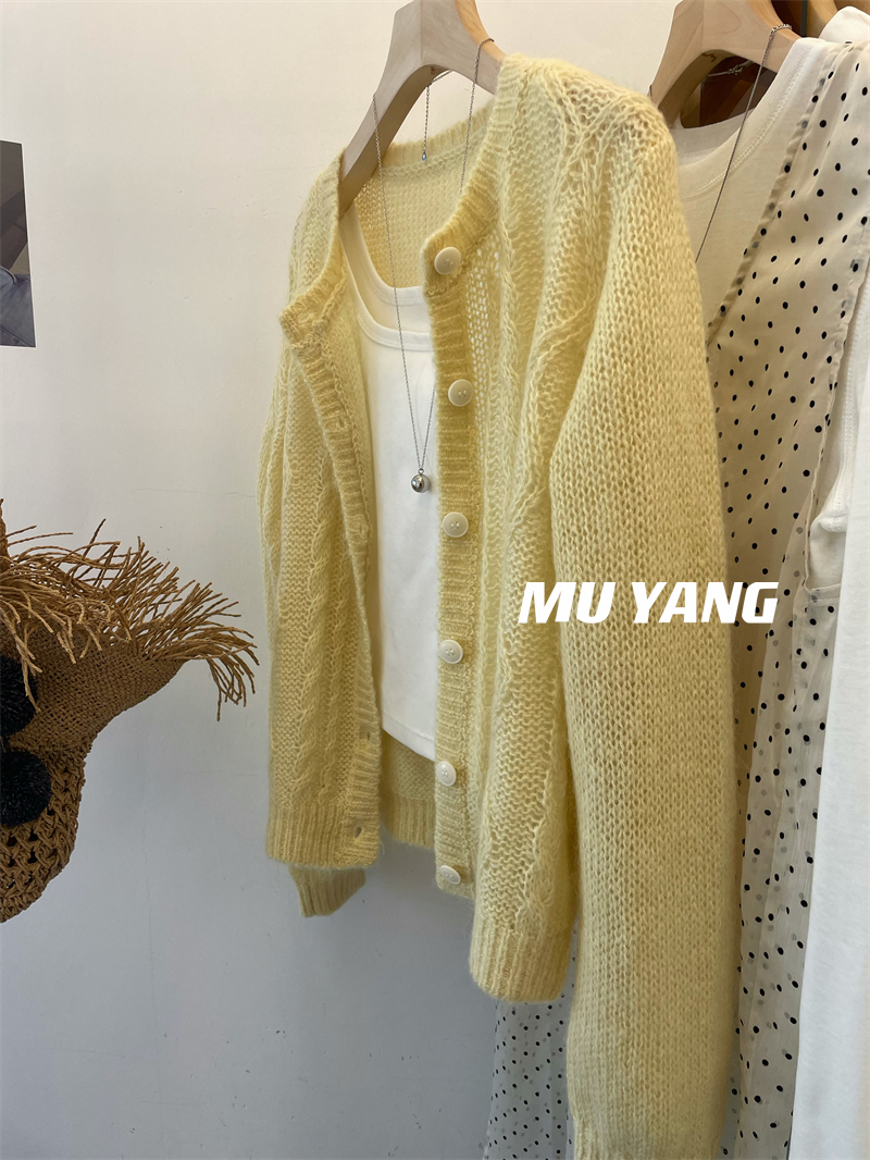 MUYANG 温柔风 ！柔软云朵感菱形马海毛羊毛毛衣开衫女外搭短上衣