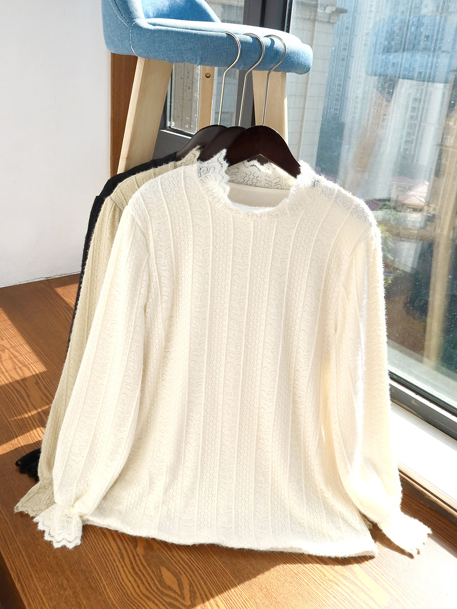 大码蕾丝打底衫女胖mm秋冬新款正肩加绒加厚保暖木耳边半高领内搭,淘宝优惠券,粉丝福利购,淘宝优惠卷