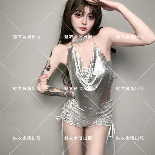 夜店女团酒吧DS演出服新款DJ领舞台chic性感辣妹银色亮片时尚套装 - 图2