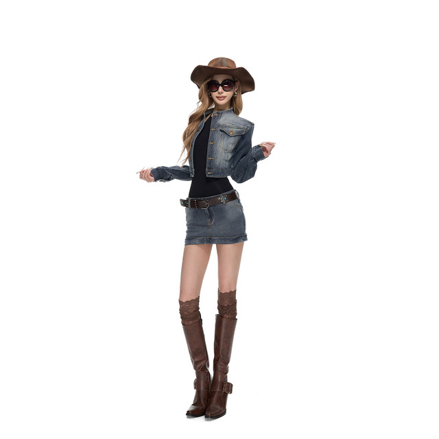 Fanptntox Retro Stand Collar Washed Blue Denim Jacket Non-stretch Slim Short Denim Skirt Suit